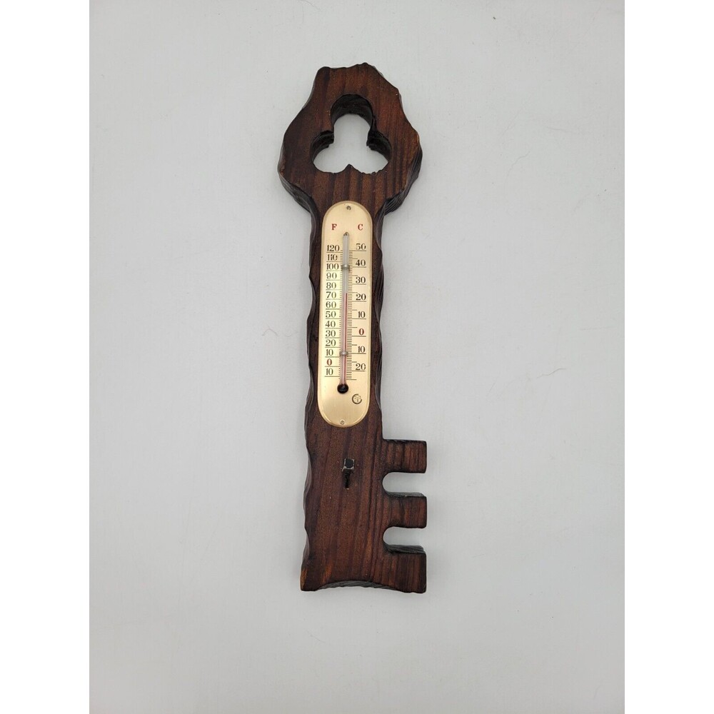 Vintage Key Shaped Thermometer And Key Holder Made In Spain Wood Carved